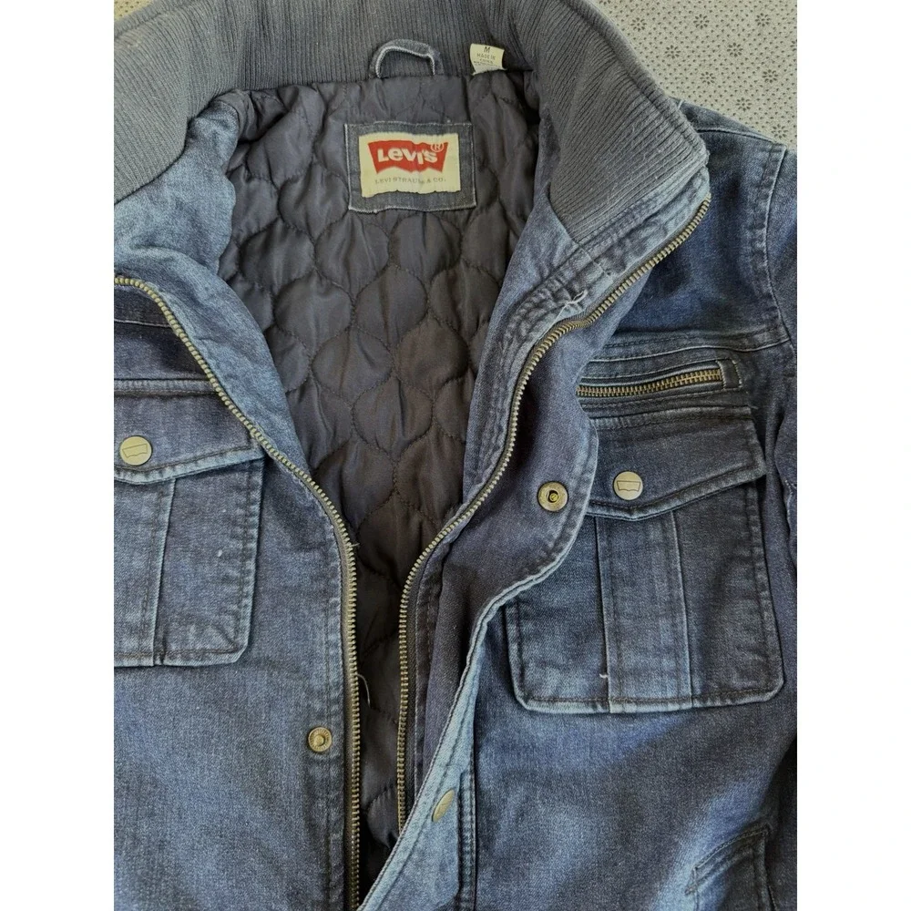 Levi's Jacket Mens Medium Blue Denim Quilted Lined Zip Snap Front Stand Collar